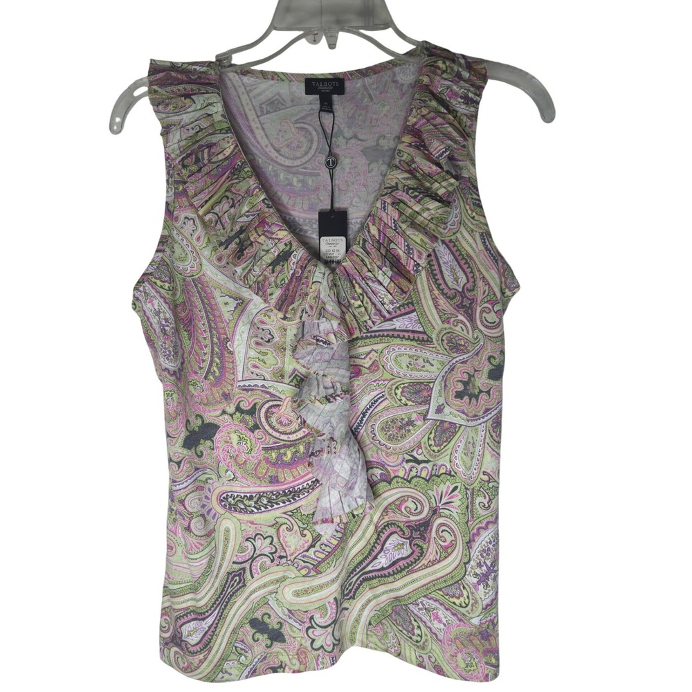 Talbots Petites Paisley Ruffle V-Neck Sleeveless Knit Top Green Pink Purple M P